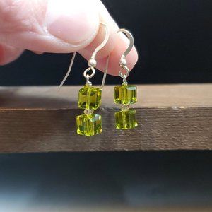 925 Sterling Silver Green Square Crystals Dangle Earrings